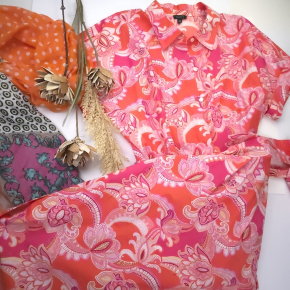 New Talbots Pocketed Belted Pink Floral Maxi Shirt Dress Sz 14 - Picture 3 of 8